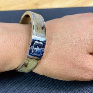 Michael Kors Silver Cuff Bracelet With Acrylic Wood Pattern 2.75” Wide